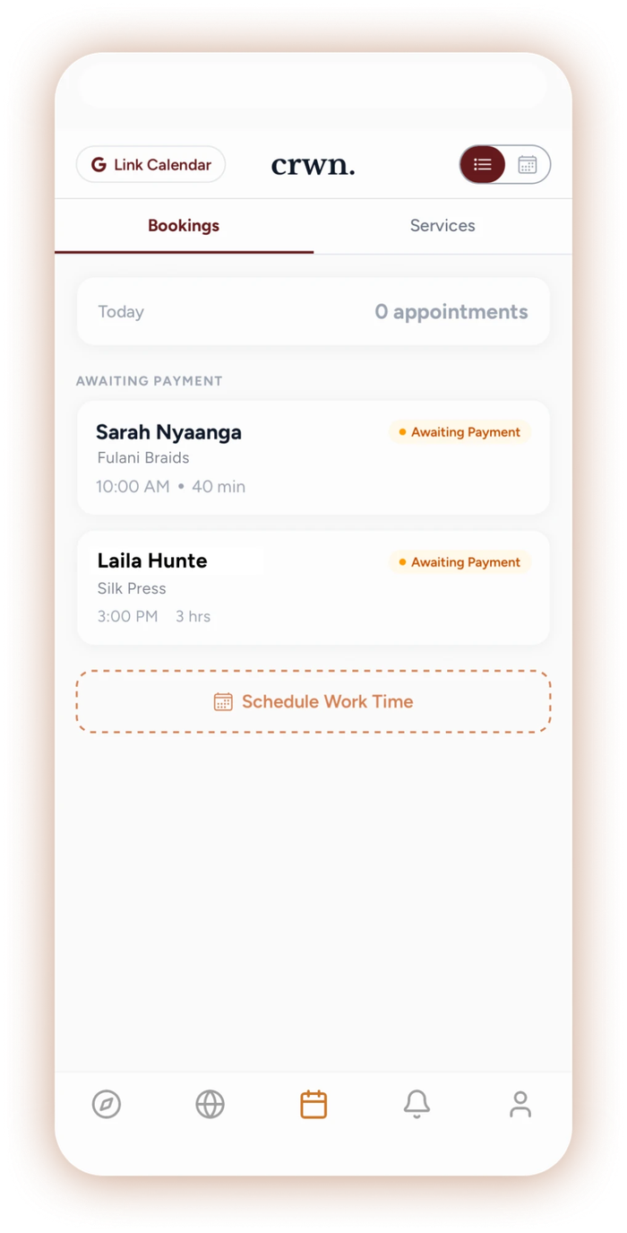 Bookings screen: two appointments with Sarah Nyaanga awaiting payment, and a Schedule Work Time button