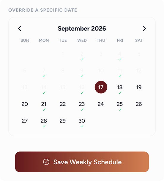 Availability calendar for September 2026, with open days checked off and a Save Weekly Schedule button