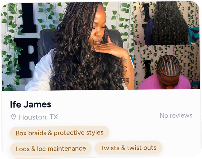 Provider profile: Ife James, Houston TX, box braids and protective styles, locs and loc maintenance, twists and twist outs