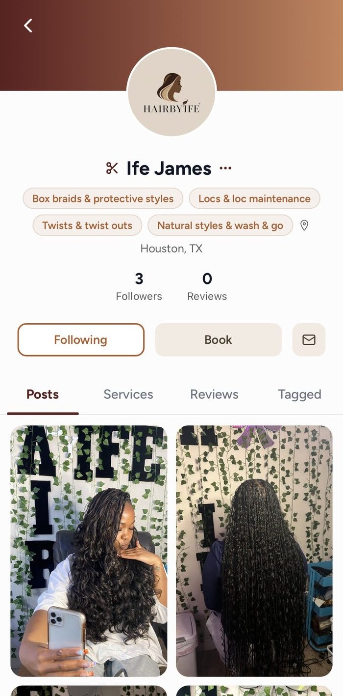 Provider profile screenshot: Ife James, Houston TX, box braids and protective styles, locs and loc maintenance